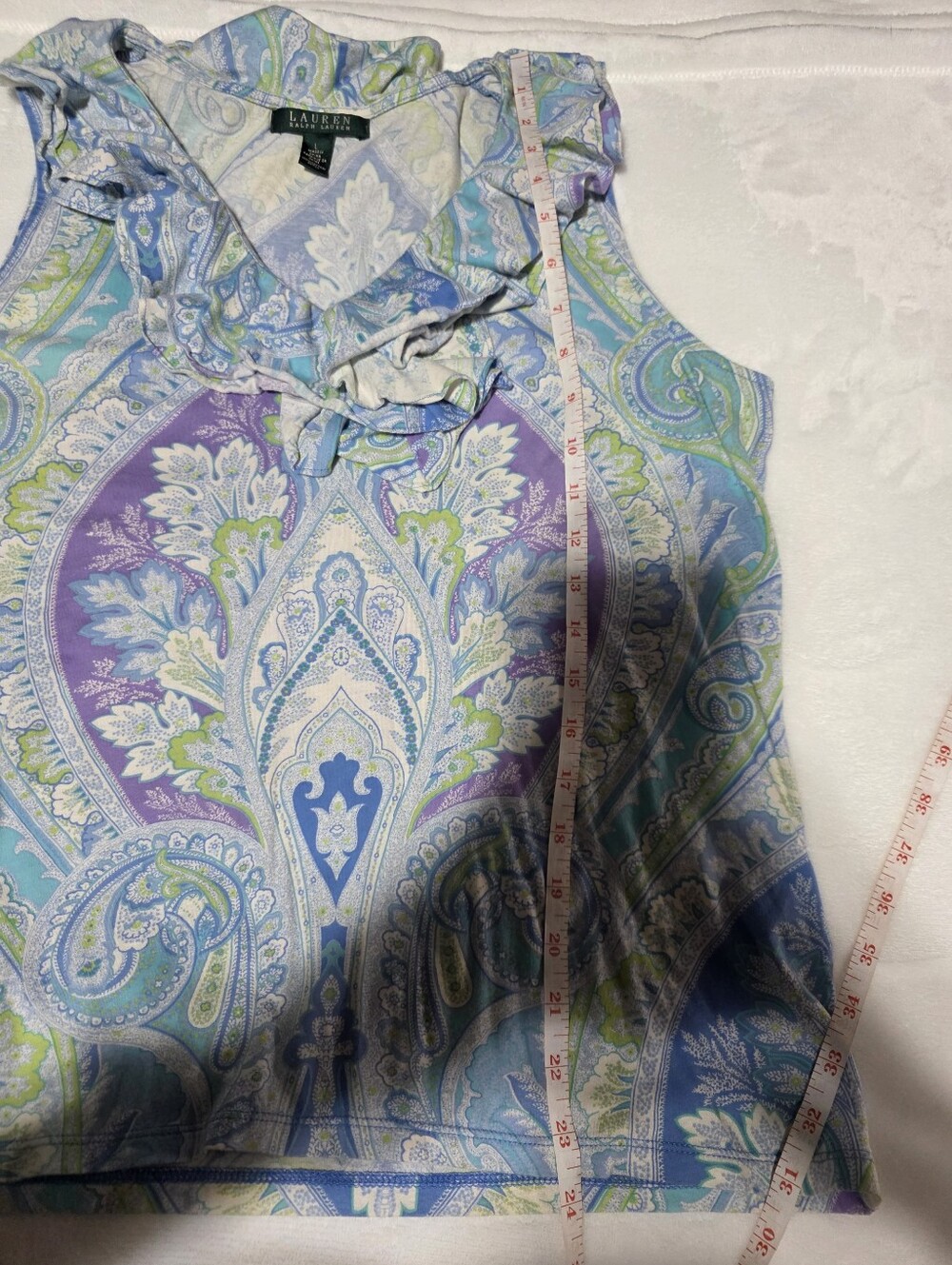 Lauren Ralph Lauren Paisley Ruffle Neck Sleeveless Cotton Blouse Large - Picture 6 of 6
